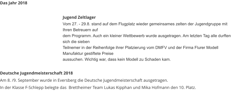 Das Jahr 2018   Jugend Zeltlager   Vom 27. - 29.8. stand auf dem Flugplatz wieder gemeinsames zelten der Jugendgruppe mit Ihren Betreuern auf  dem Programm. Auch ein kleiner Wettbewerb wurde ausgetragen. Am letzten Tag alle durften sich die sieben  Teilnemer in der Reihenfolge ihrer Platzierung vom DMFV und der Firma Flurer Modell Manufaktur gestiftete Preise  aussuchen. Wichtig war, dass kein Modell zu Schaden kam.  Deutsche Jugendmeisterschaft 2018 Am 8. /9. September wurde in Eversberg die Deutsche Jugendmeisterschaft ausgetragen. In der Klasse F-Schlepp belegte das  Brettheimer Team Lukas Kipphan und Mika Hofmann den 10. Platz.